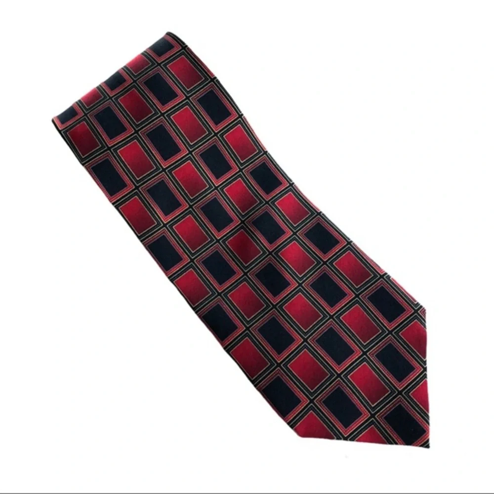 Mosaic Neckwear Hand Made 💯 % Silk Red Black Gold Geometry Design Tie